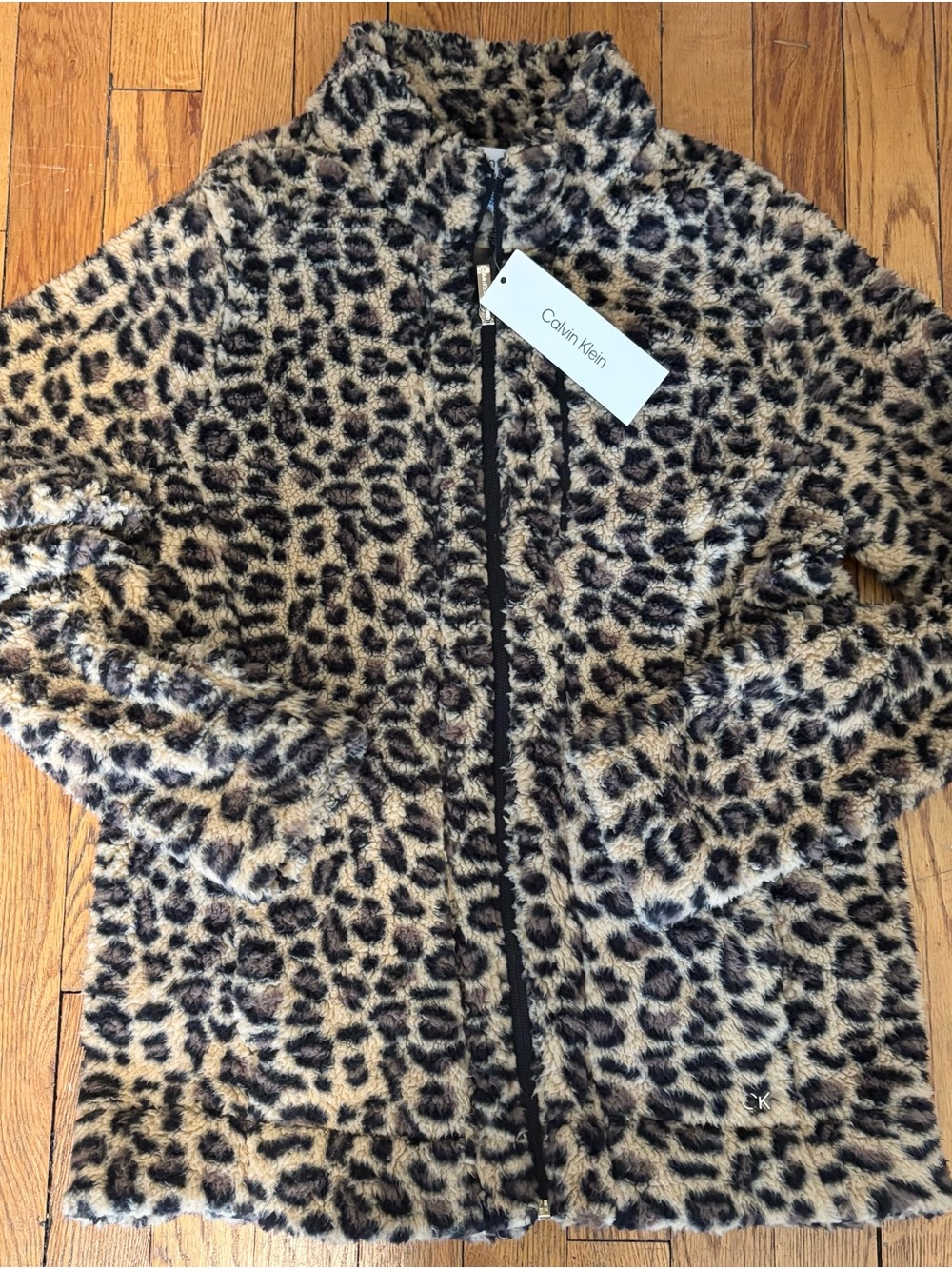 Calvin Klein Leopard-Print Fuzzy Zip-Up Jacket in Beige & Black